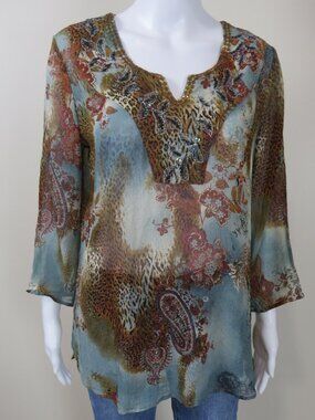 Chico's Silk Blouse SIZE 1 (US 8/10) Medium Sequins, Beads, Animal Print